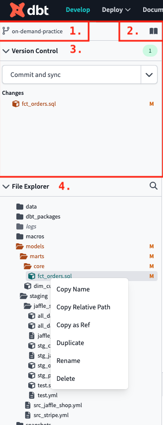 The Git repo link, documentation site button, Version Control menu, and File Explorer